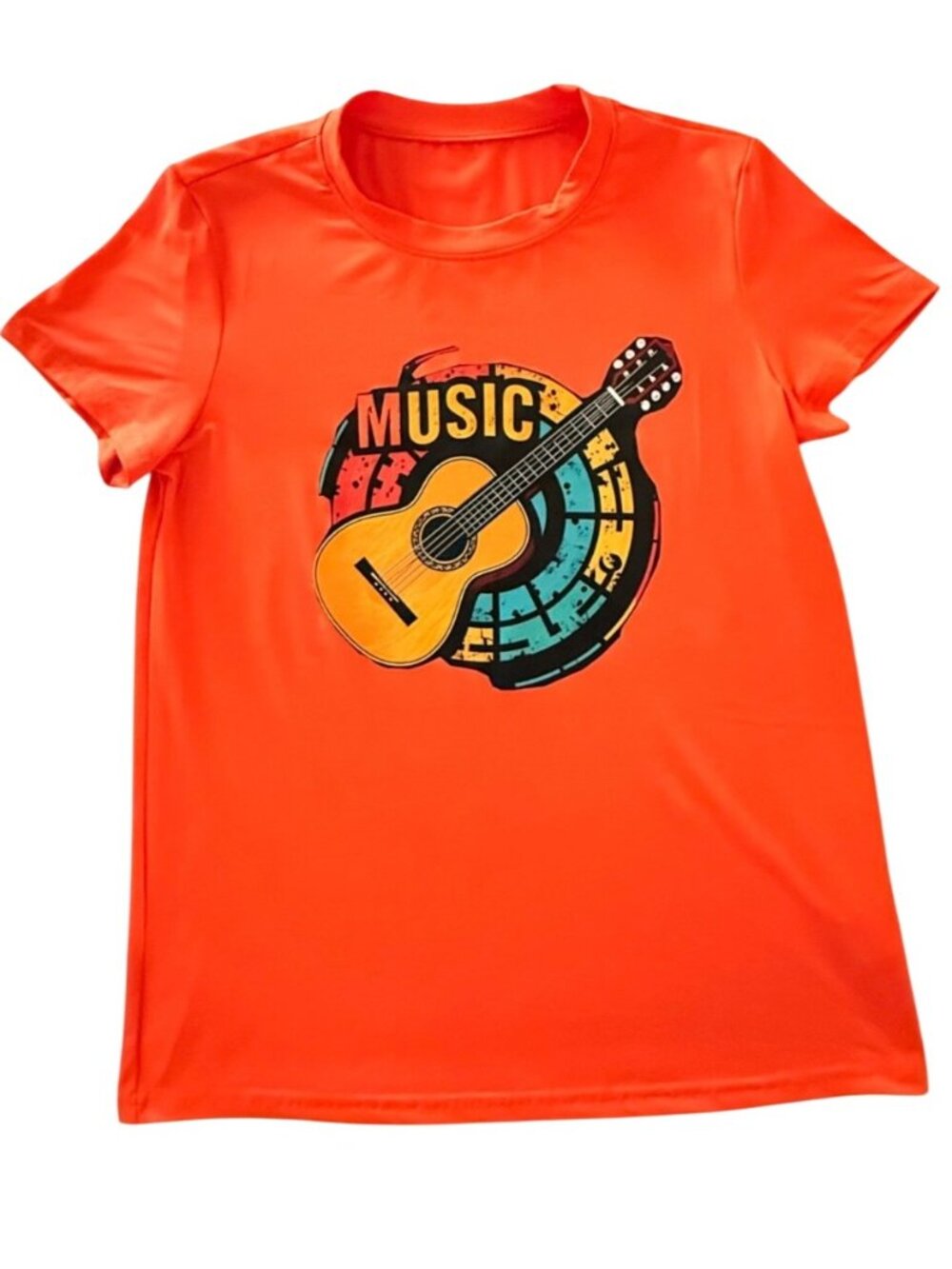 Size S Music Guitar Graphic Shirt Bright Orange Retro Music Tee